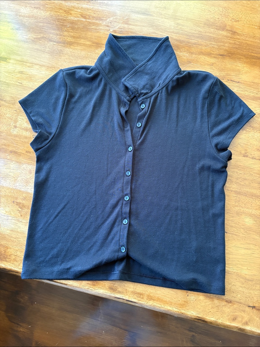 American Eagle Outfitters Black Short-Sleeve Button Front Crop Top